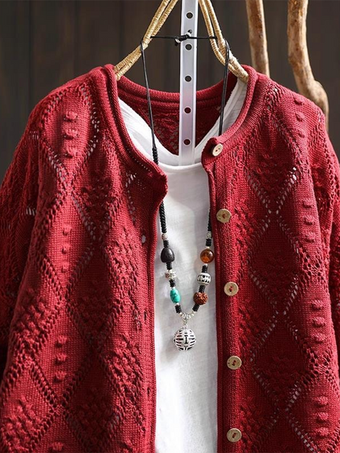 Retro Diamond Hollow Jacquard Knitted Cardigan