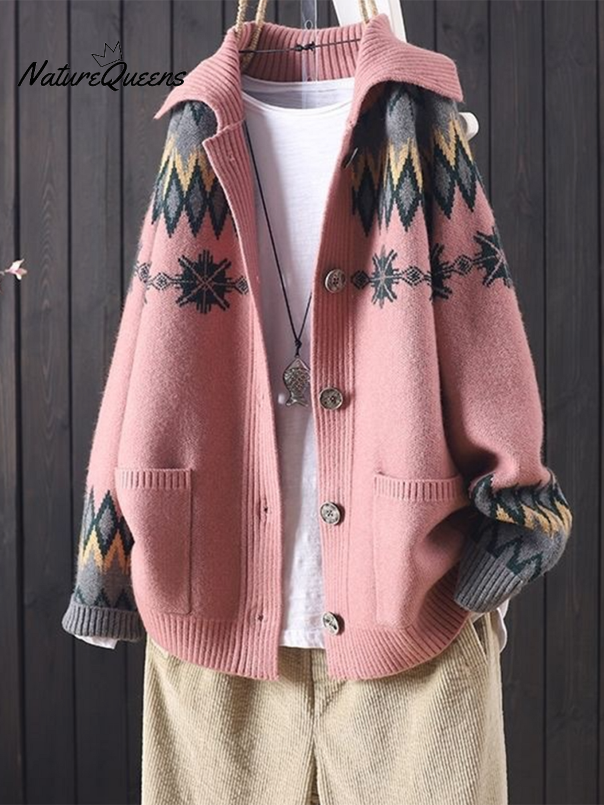 Vintage Lapel Jacquard Large Pocket Sweater