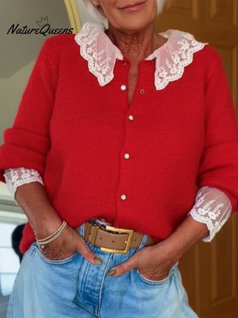 Women's Lace Trim Button Cardigan Sweater