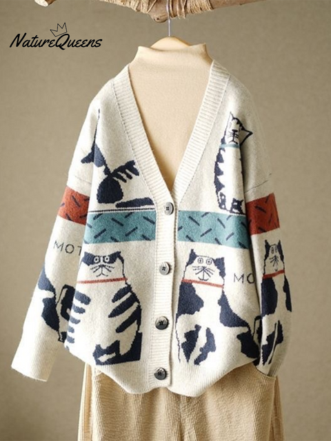 Cat Print Contrast Button Cardigan Sweater