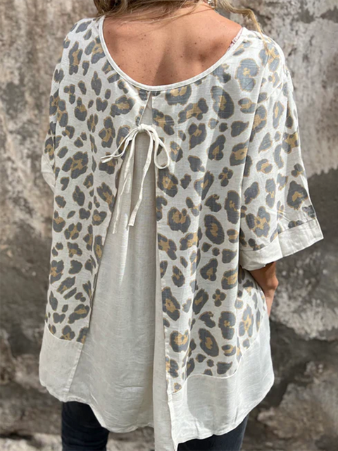 Animal Pattern Back-opening Cotton and Linen Top