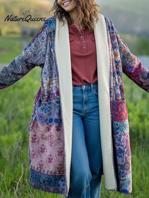 Cozy Floral Patchwork Check Print Sherpa Kimono Jacket