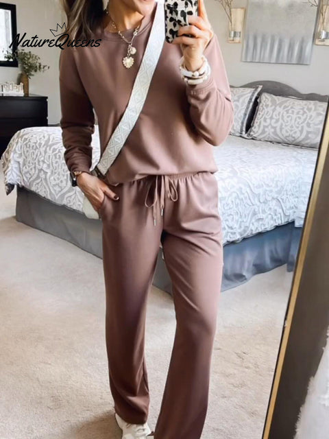 Casual Travel Crew Neck Sweatshirt and Pants Two-piece Set