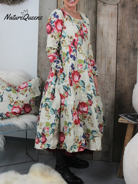Women's Retro Button-down Floral Print Cotton and Linen Dress