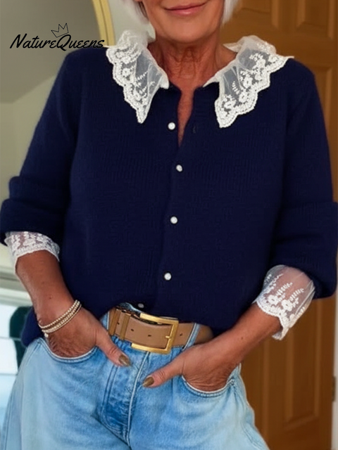 Women's Lace Trim Button Cardigan Sweater