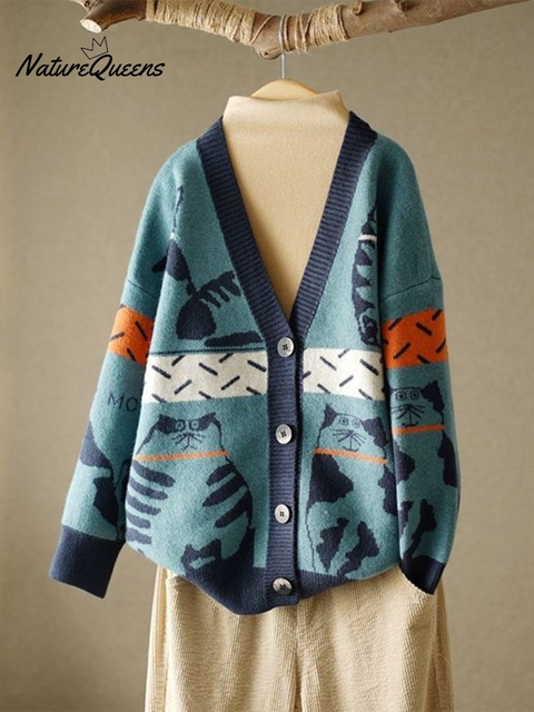 Cat Print Contrast Button Cardigan Sweater