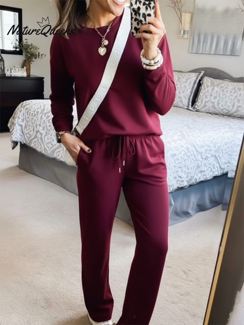 Casual Travel Crew Neck Sweatshirt and Pants Two-piece Set