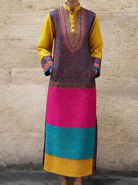 Artistic Color Block Maxi Dress with Pockets