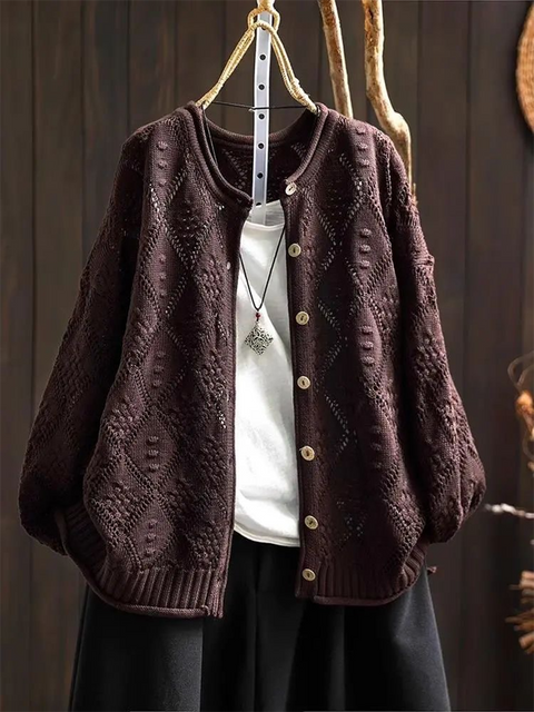 Retro Diamond Hollow Jacquard Knitted Cardigan