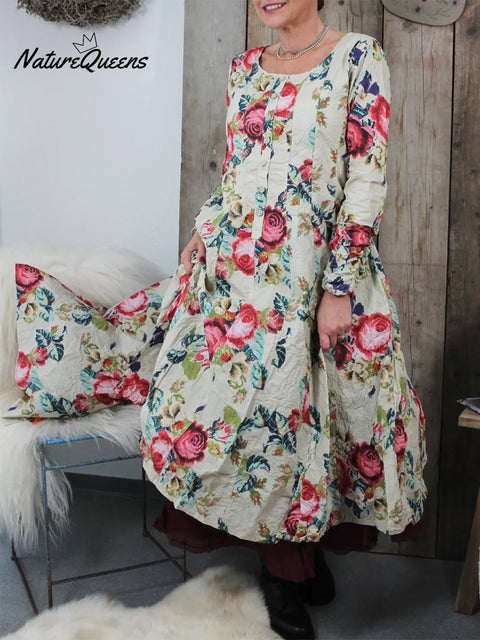 Women's Retro Button-down Floral Print Cotton and Linen Dress