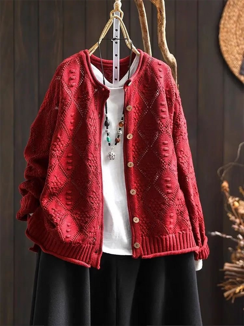 Retro Diamond Hollow Jacquard Knitted Cardigan