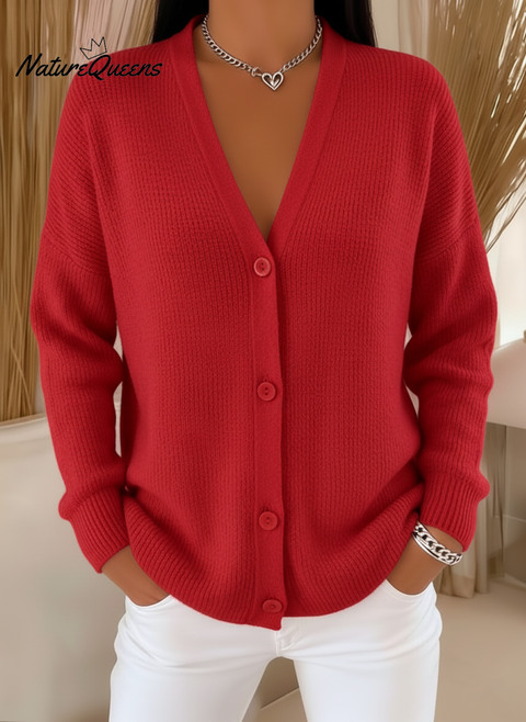 Casual Solid Color V-neck Button Cardigan Sweater