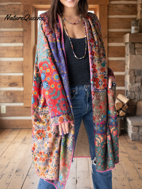 Cozy Floral Patchwork Check Print Sherpa Kimono Jacket