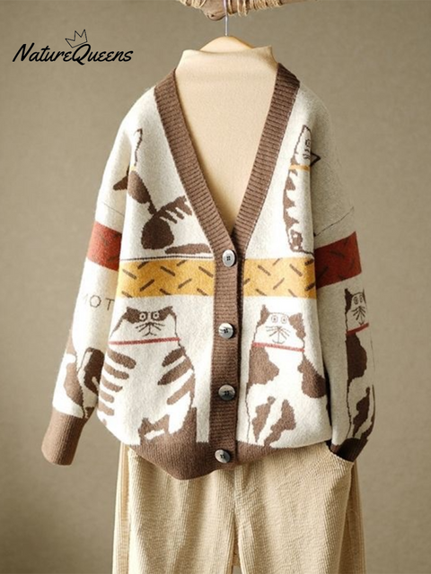 Cat Print Contrast Button Cardigan Sweater