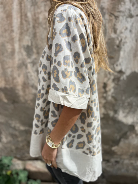 Animal Pattern Back-opening Cotton and Linen Top