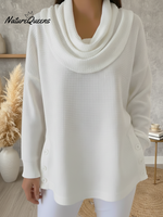 Casual Draped Collar Side Slit Button Waffle Pullover Top