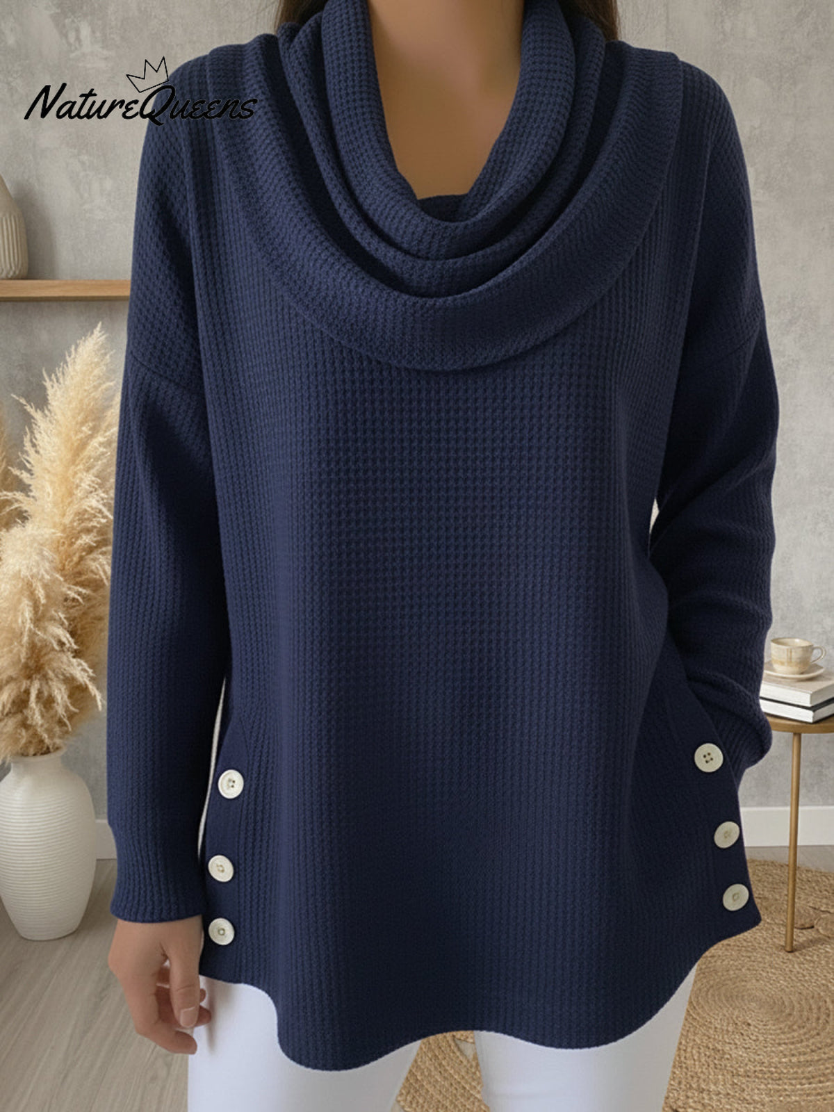 Casual Draped Collar Side Slit Button Waffle Pullover Top