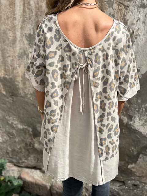 Animal Pattern Back-opening Cotton and Linen Top