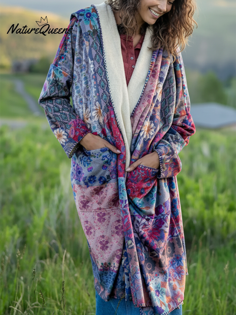 Cozy Floral Patchwork Check Print Sherpa Kimono Jacket