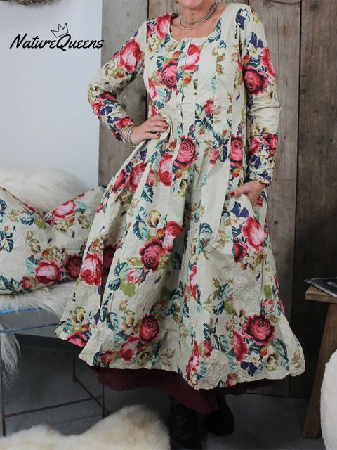 Women's Retro Button-down Floral Print Cotton and Linen Dress