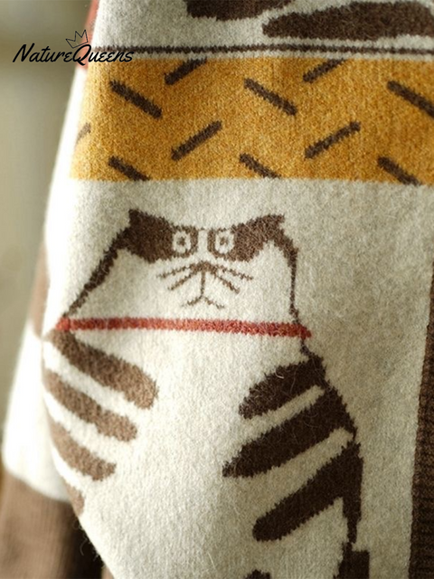Cat Print Contrast Button Cardigan Sweater