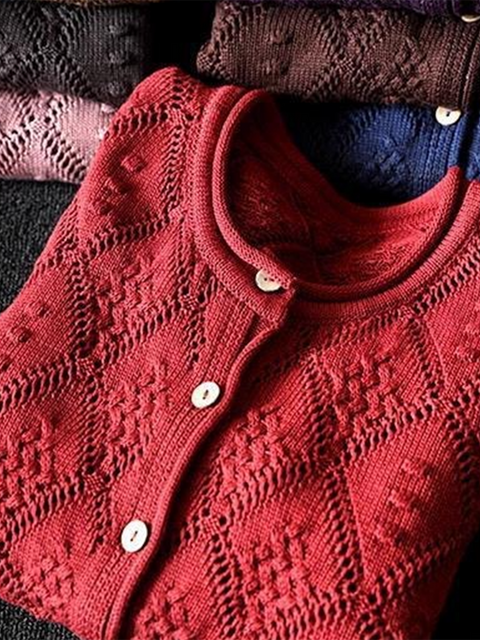 Retro Diamond Hollow Jacquard Knitted Cardigan