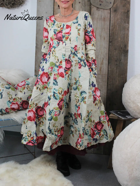 Women's Retro Button-down Floral Print Cotton and Linen Dress
