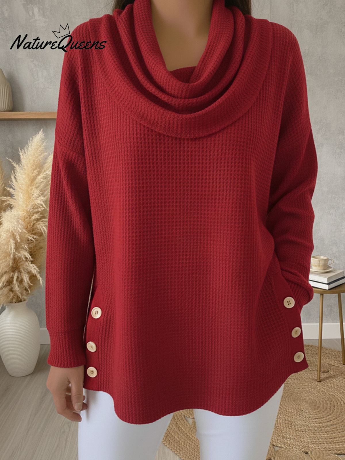 Casual Draped Collar Side Slit Button Waffle Pullover Top