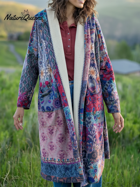 Cozy Floral Patchwork Check Print Sherpa Kimono Jacket