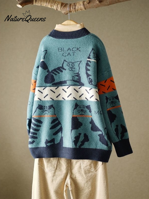 Cat Print Contrast Button Cardigan Sweater