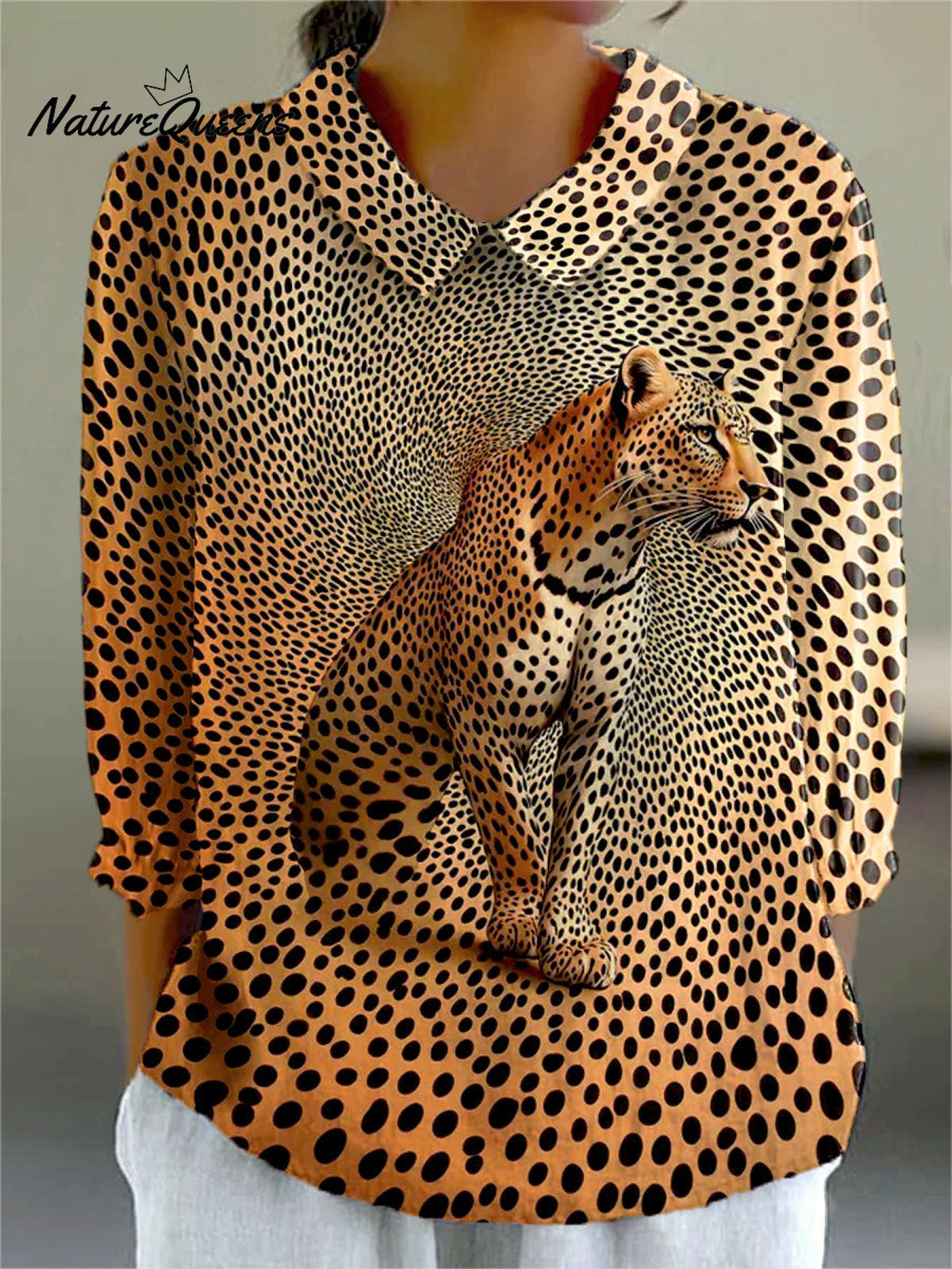 Women's Vintage Leopard Print Art Print Casual Cotton And Linen 3/4 Sleeve Shirt