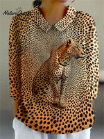 Women's Vintage Leopard Print Art Print Casual Cotton And Linen 3/4 Sleeve Shirt