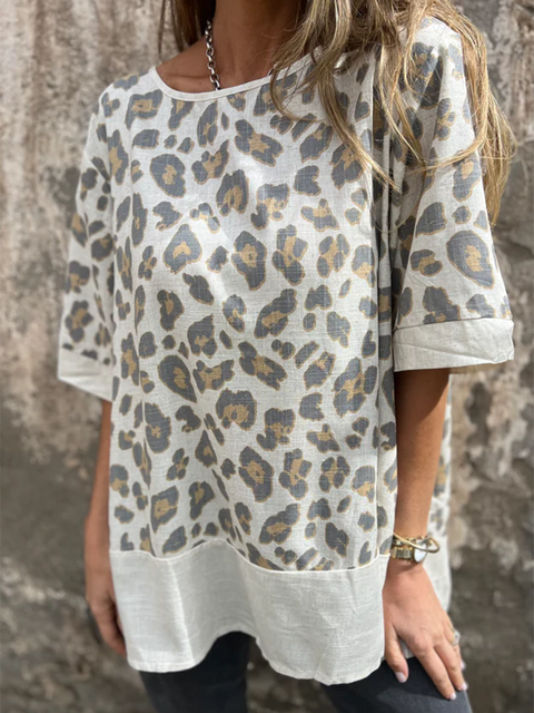 Animal Pattern Back-opening Cotton and Linen Top