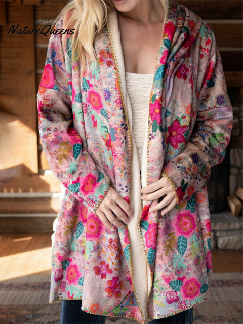 Cozy Floral Patchwork Check Print Sherpa Kimono Jacket