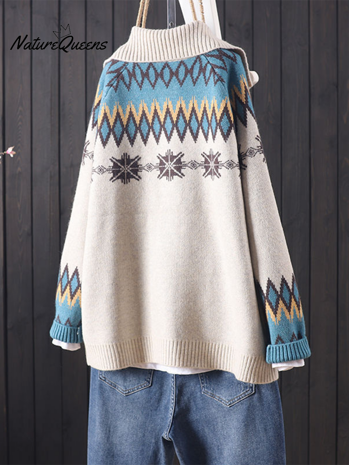 Vintage Lapel Jacquard Large Pocket Sweater