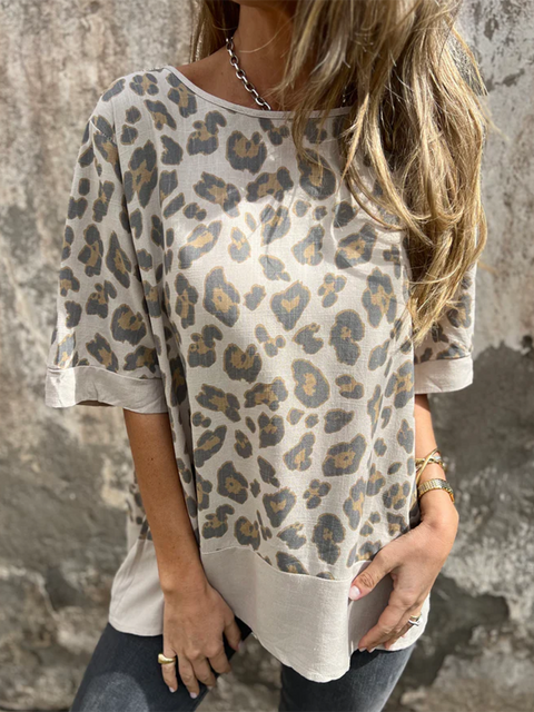 Animal Pattern Back-opening Cotton and Linen Top