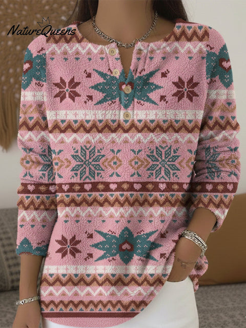 Women's Pink Snowflake Hexagonal Star Polar Fleece Top