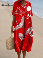 Women's Vintage Red Crane Bird Illustration Art Print Flowy Dress