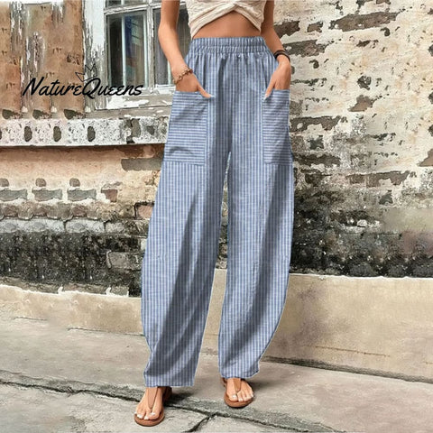 Breezy Striped Elastic Waistband Pants Blue / S