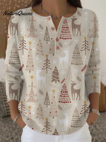 Women's Cute Elk Cedar Print Henley Neck Sweater Top