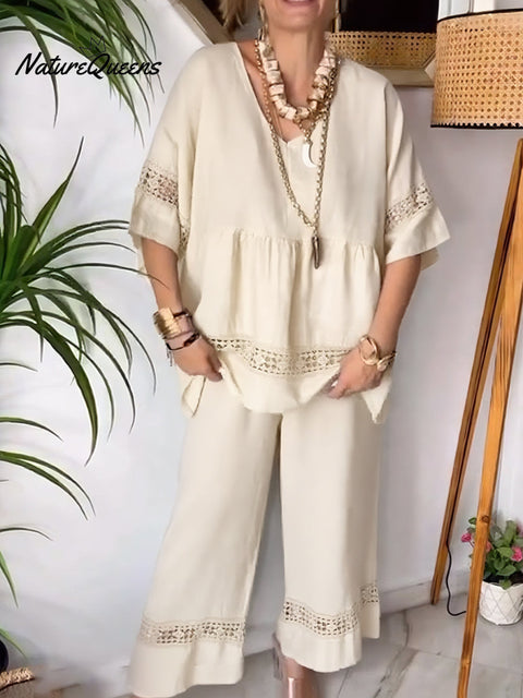 Women's Lace-paneled Top and Pants Linen Two-piece Suit
