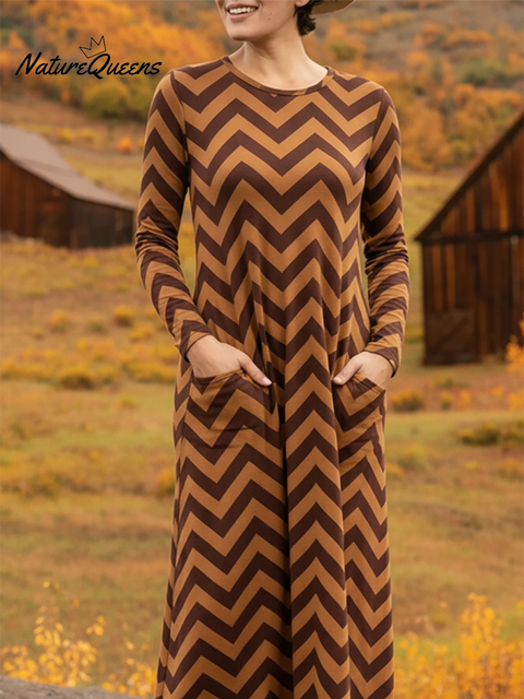 Women's Soft Herringbone Print Pocket Stretch Dress Brown