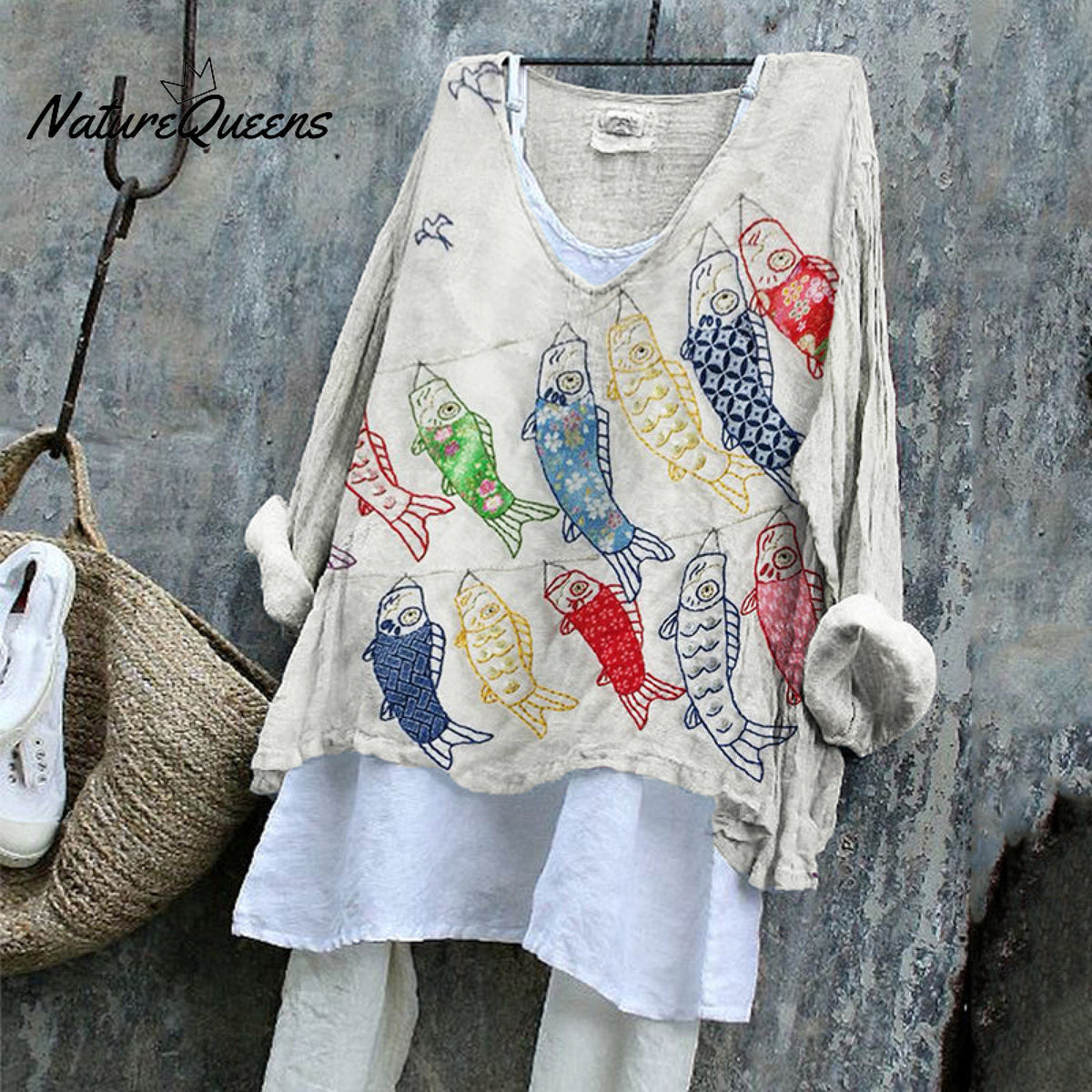 Japanese Colorful Carp Streamer Embroidered Linen Blend Tunic