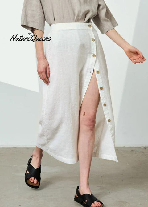 Original Design White Elastic Waist Side Open Linen Skirts Summer