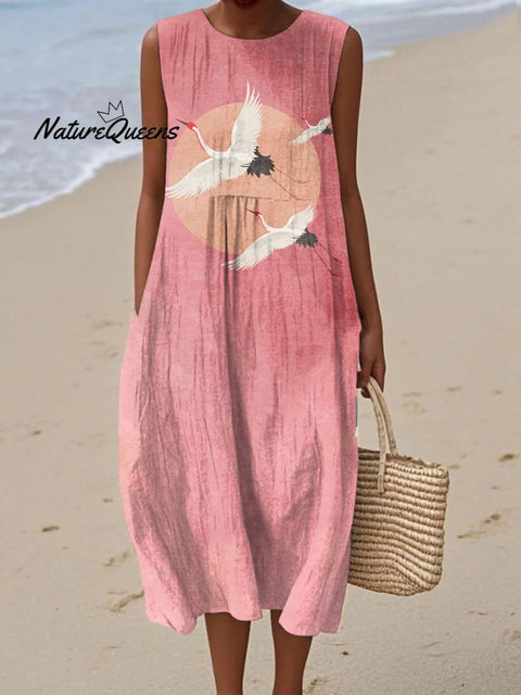 Women's Flying Cranes Japanese Art Pattern Sleeveless Linen Pocket Wrap Dress