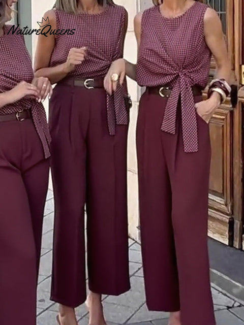 Women's Plaid Print Tie Top Straight Pants Two-Piece Set