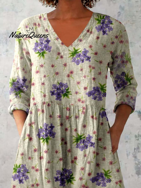 Women's Elegant Floral Pattern Round Neck Cotton and Linen Top