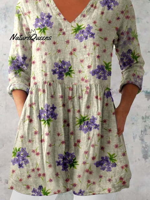 Women's Elegant Floral Pattern Round Neck Cotton and Linen Top