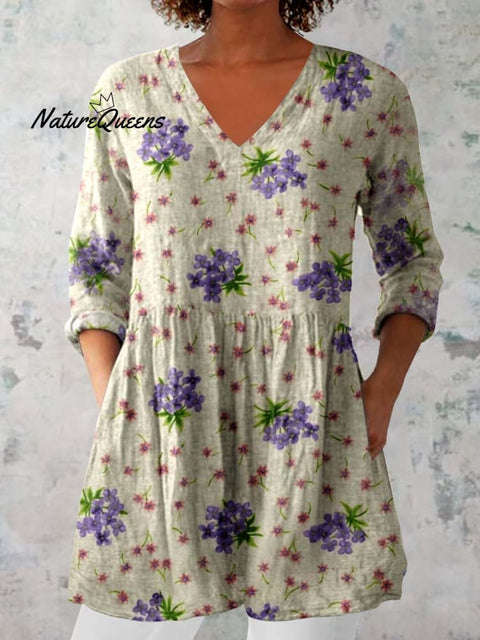 Women's Elegant Floral Pattern Round Neck Cotton and Linen Top