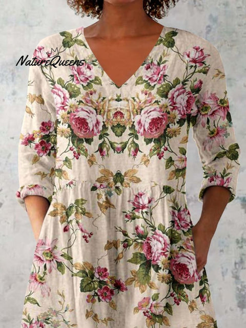 Women's Elegant Floral Pattern Round Neck Cotton and Linen Top